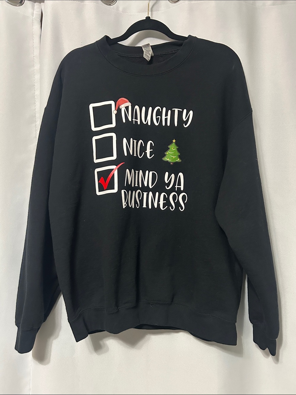 Gildan Black Crewneck Sweatshirt with Holiday Checklist Graphic